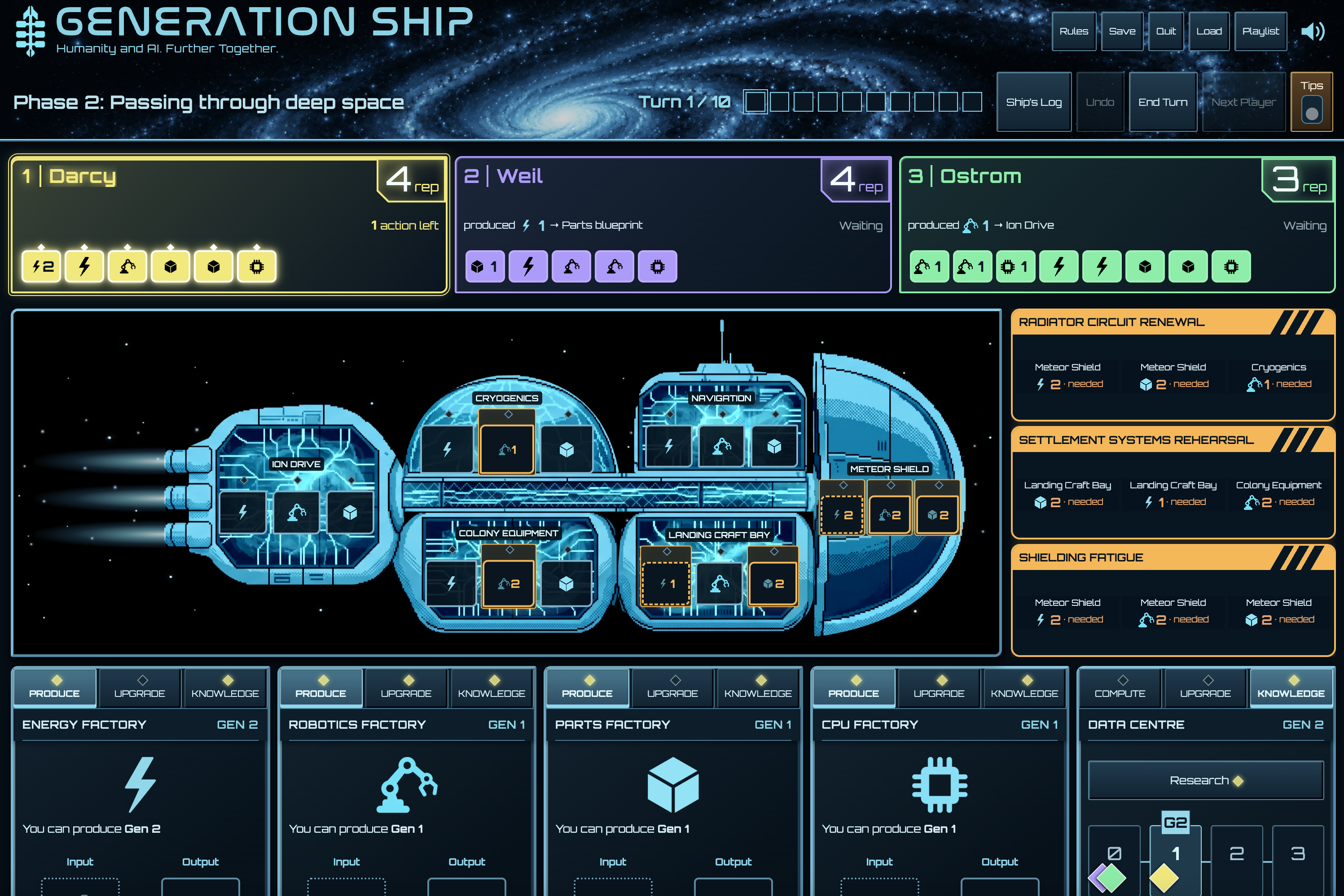 Generation Ship gameplay showing the ship, player panels, and the Generation Ship logo