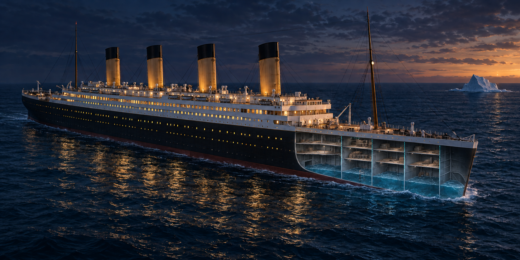 Concept art of Titanic at sea, with an iceberg and a cutaway showing decks, forward compartments, and flooding
